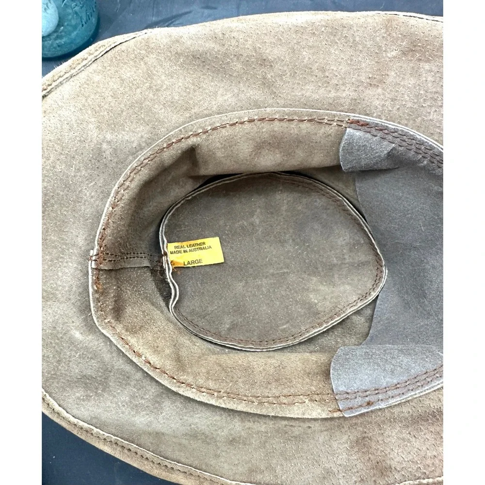 Suede leather outback hat Australia genuine leather tan braided vintage large‎